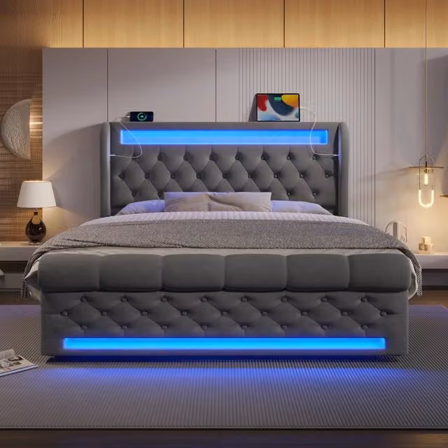 Letto contenitore Mivray imbottito in velluto grigio con apertura idraulica, testiera con illuminazione LED e porte USB e Type-C, L/P/H: 160 x 200 x 110 cm – 1