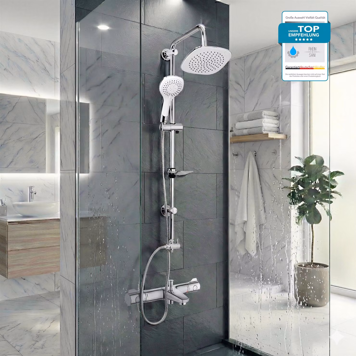 GROHE Miscelatore doccia Grohtherm 800, sistema doccia con miscelatore vasca e soffione doccia BELVIT, doccetta da 20 cm bianca e asta doccia, 3 tipi di acciaio cromato