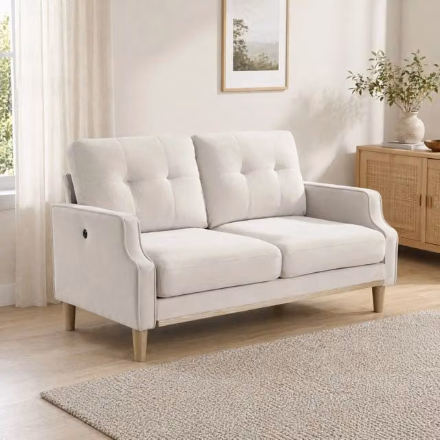 Divano a 2 posti MIVRAY in tessuto beige con schienale stile Chesterfield e ricarica USB, L: 135 cm, P: 72 cm, H: 85 cm