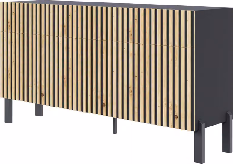 Selsey Telire - Credenza a 3 ante con tre cassetti e frontale a doghe, 154 cm - Nero / Rovere artigianale