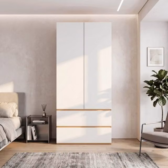 Armadio moderno 90x50x200 cm, 2 ante, 1 appendiabiti, 2 cassetti, vano superiore. Rovere/Bianco. Per camera, ingresso, bambini, ufficio