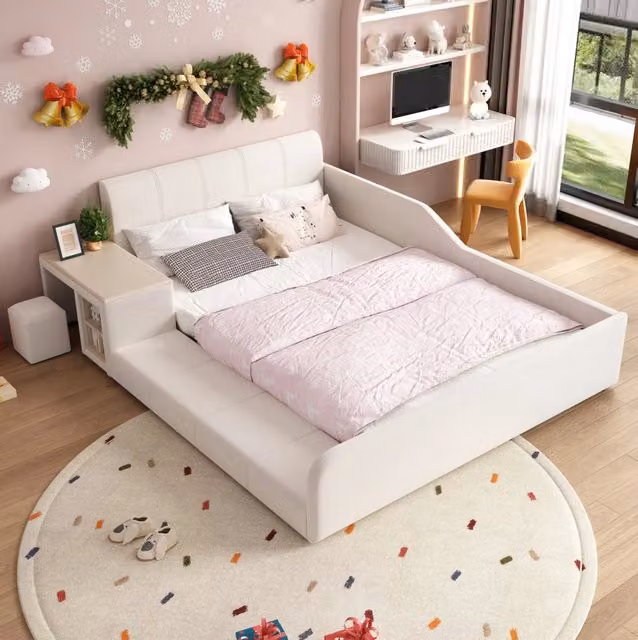 Letto imbottito per bambini 140x200 cm bianco in velluto con scrivania