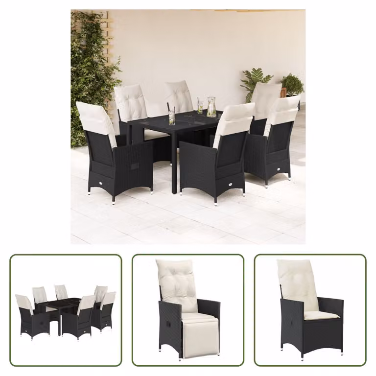 The Living Store Set da pranzo da giardino 7 pezzi con cuscini in polirattan nero