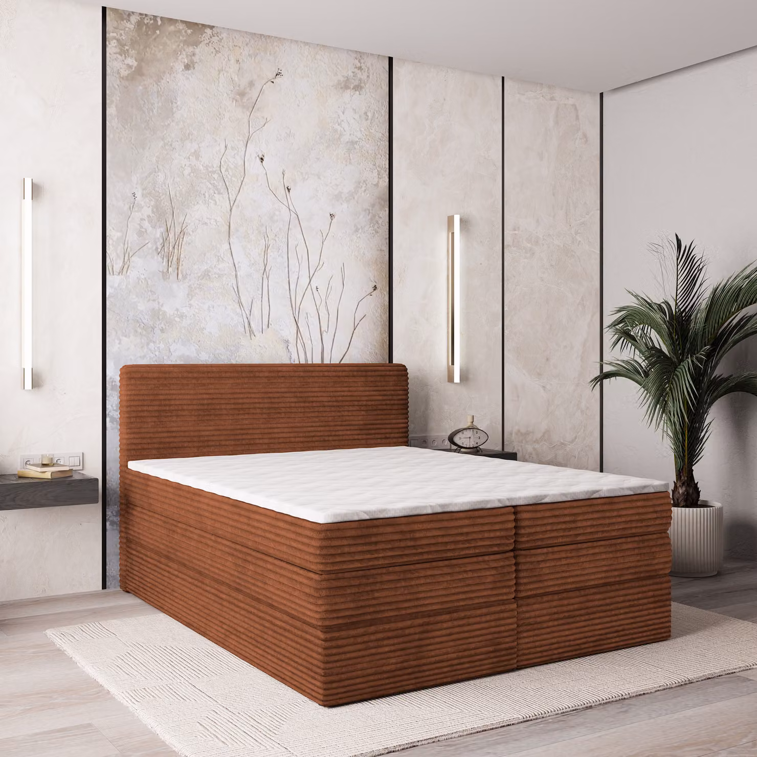 Letto a molle insacchettate Masseno LUNERA 160x200 cm completo di materasso bonell e topper, letto imbottito con cassettiera - marrone, TILIA 52