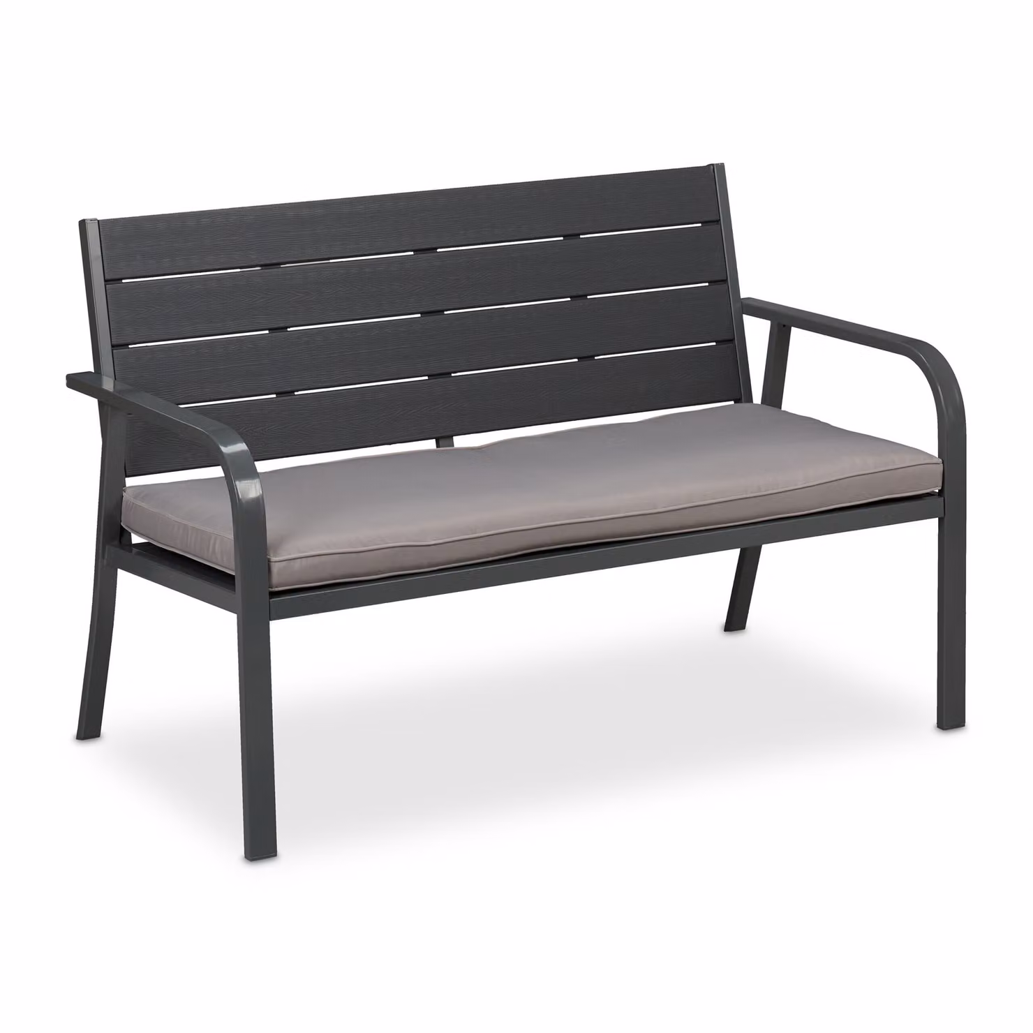 Panchina da giardino Relaxdays con cuscini di seduta, effetto legno, dimensioni: 78 x 118 x 66 cm, a 2 posti, robusta panchina da balcone, panca, grigia