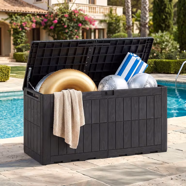 Cassapanca da giardino Costway con coperchio e serratura, contenitore antintemperie in plastica per piscina e soggiorno, Nero