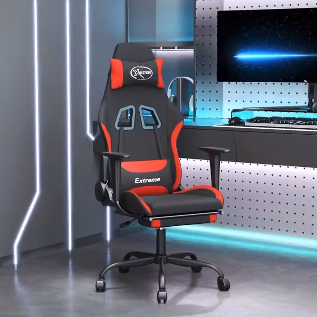 Sedia da Gaming vidaXL in Tessuto Rosso e Nero con Poggiatesta e Ruote per Adulti – 1
