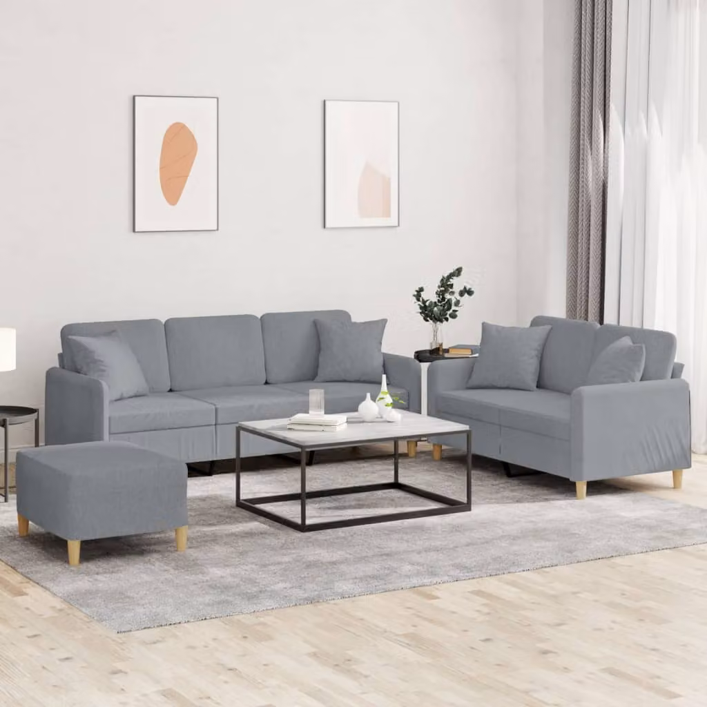 Set di divani vidaXL 3 pezzi con pouf e cuscini in tessuto grigio per soggiorno – 1