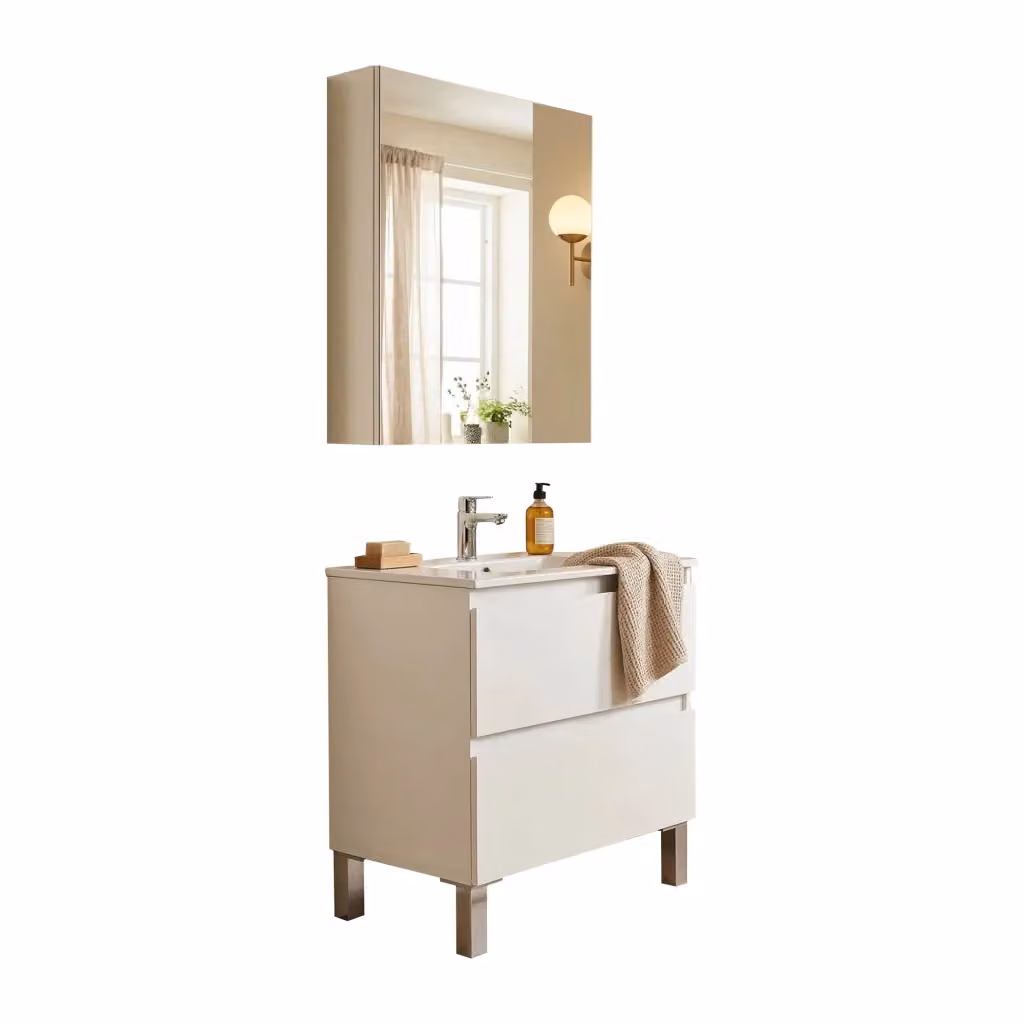 Set Mobili Bagno DMORA Moderno Bianco Lucido con Specchio e Mobile Lavabo L/P/H: 60 x 40 x 63.5 cm – 2