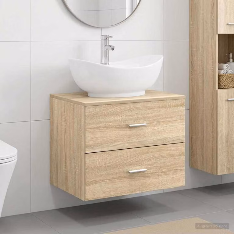 Set di mobili per il bagno moderno vidaXL in legno MDF marrone con vano lavabo e cassetti sospesi