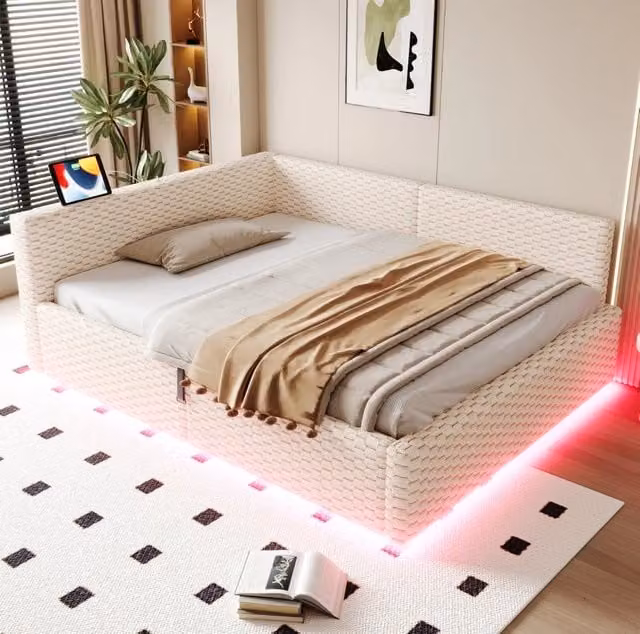 Multifunktionsbett 140x200 cm con LED; USB-C e vano contenitore; velluto beige