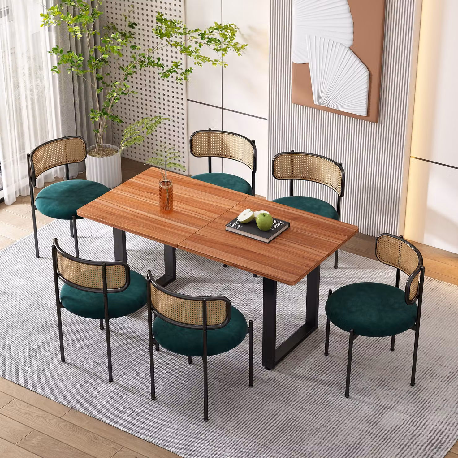 MODFU Sedie da pranzo imbottite (set da 4) con gambe in metallo, sedie da salotto, da cucina e per il tempo libero con schienale in rattan, sedie da pranzo per cucina, salotto e camera da letto, in velluto verde
