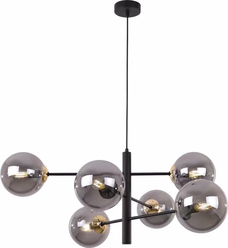 Lampada a sospensione Vicenza nero-oro a 6 luci con paralumi color grafite E14