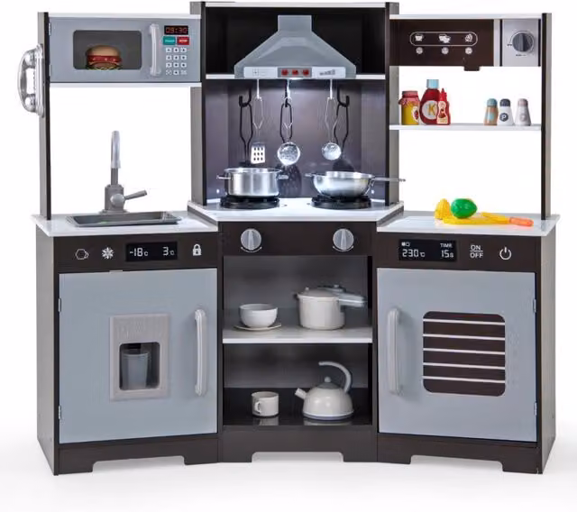 Set di giocattoli in legno cucina da gioco per bambini con cappa, macchina del ghiaccio, lavello e rubinetto, multicolore e marrone – 1