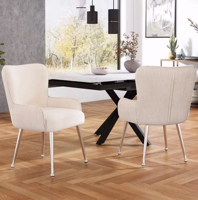 Set da 4 sedie da pranzo in velluto beige con braccioli, schienale trapuntato, piedini metallici regolabili, stile elegante per soggiorno e camera da letto