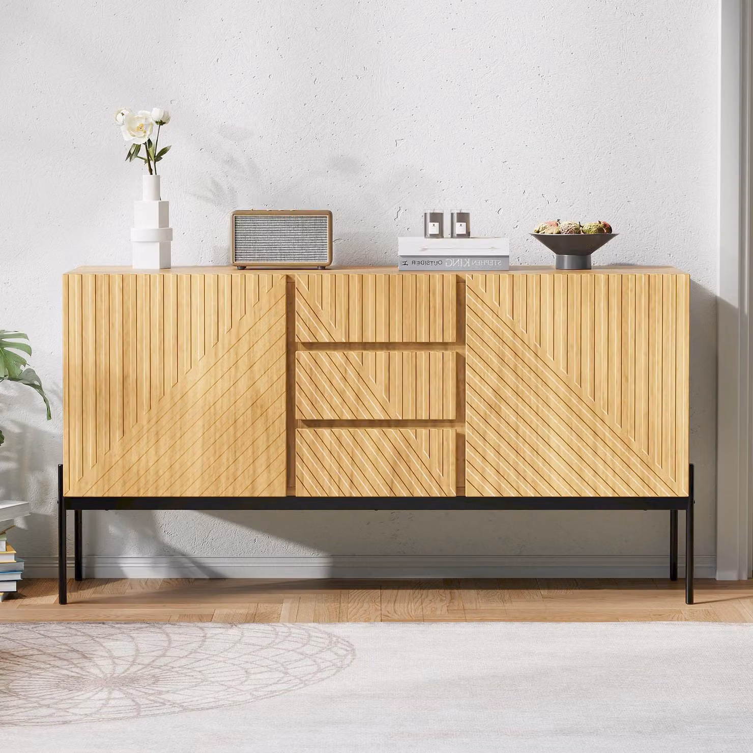 Credenza Sweiko con 2 ante e 3 cassetti, gambe in metallo, mobile TV, buffet, cassettiera dal design lineare, dimensioni: H75 cm / B140 cm/ P40 cm