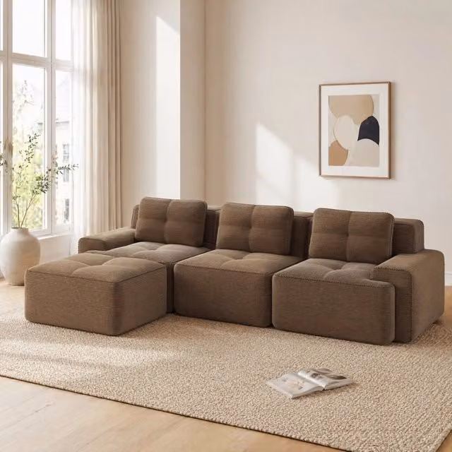 Divano modulare angolare 293x177x69 cm in corduroy marrone; 3 posti con ottoman senza montaggio