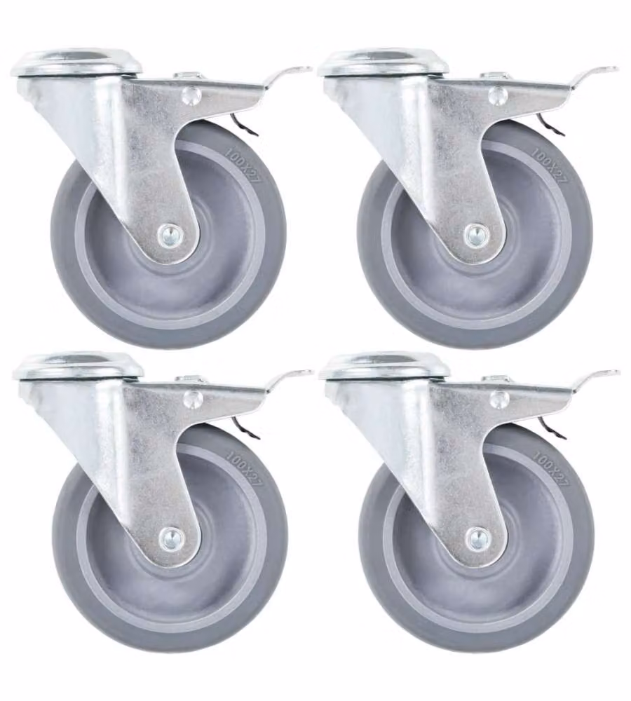 Ruote Girevoli con Foro per Bulloni e Doppio Freno 4 pz 100 mm