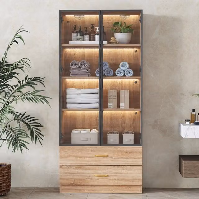 Mobile bagno alto WISHDOR in MDF marrone con ante in vetro temperato e illuminazione integrata