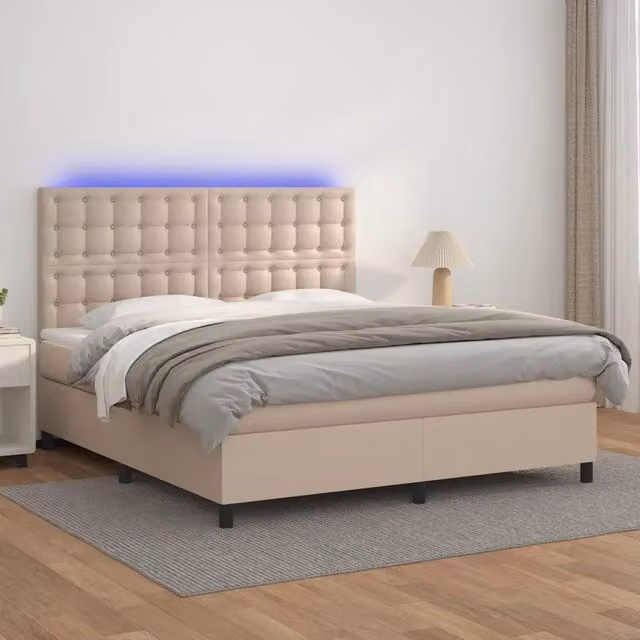 Letto con contenitore a molle e illuminazione LED vidaXL, rivestimento in similpelle color cappuccino, L/P/H: 180 x 200 cm