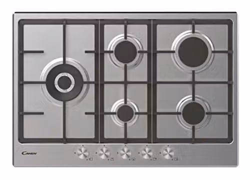 Candy CHG7WLWPX Piano Cottura a Gas in Acciaio Inossidabile da 75 cm, 5 Fuochi, a Incasso, Griglie in Ghisa, Valvola di Sicurezza, GPL e Metano,74.5x51x3.5 cm, Inox