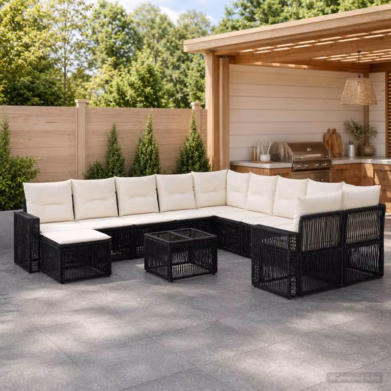 Set Divano da Giardino vidaXL 12 Pezzi a Forma di U in Polyrattan con Cuscini, Colore Nero e Bianco Crema
