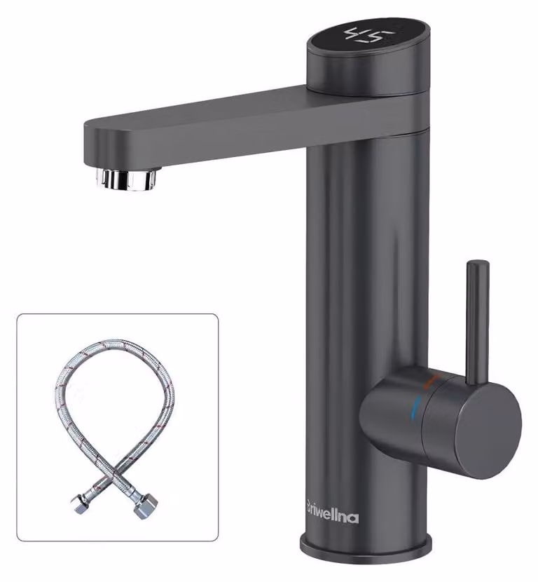 Rubinetto per acqua calda istantaneo, 3,2 kW, rotazione di 120°, colore grigio, display LED