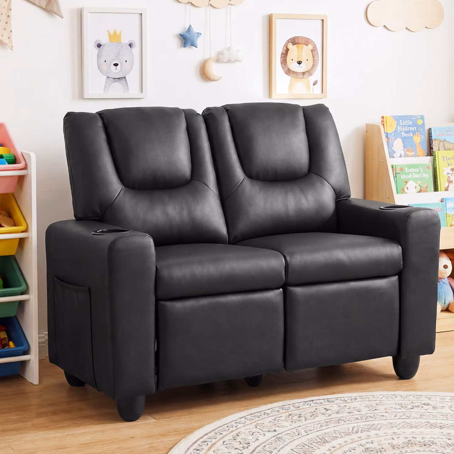 Divano a 2 posti per bambini Costway con portabicchieri, poltroncina imbottita e poggiapiedi reclinabile, Nero