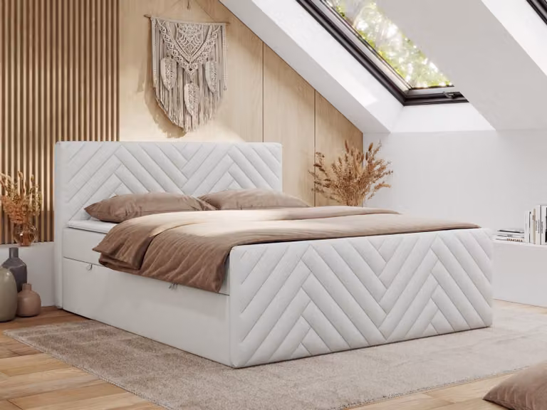 Letto boxspring MKS MEBLE 180x200 con contenitore e materasso H4 - Paris Duo - Pelle finta bianca