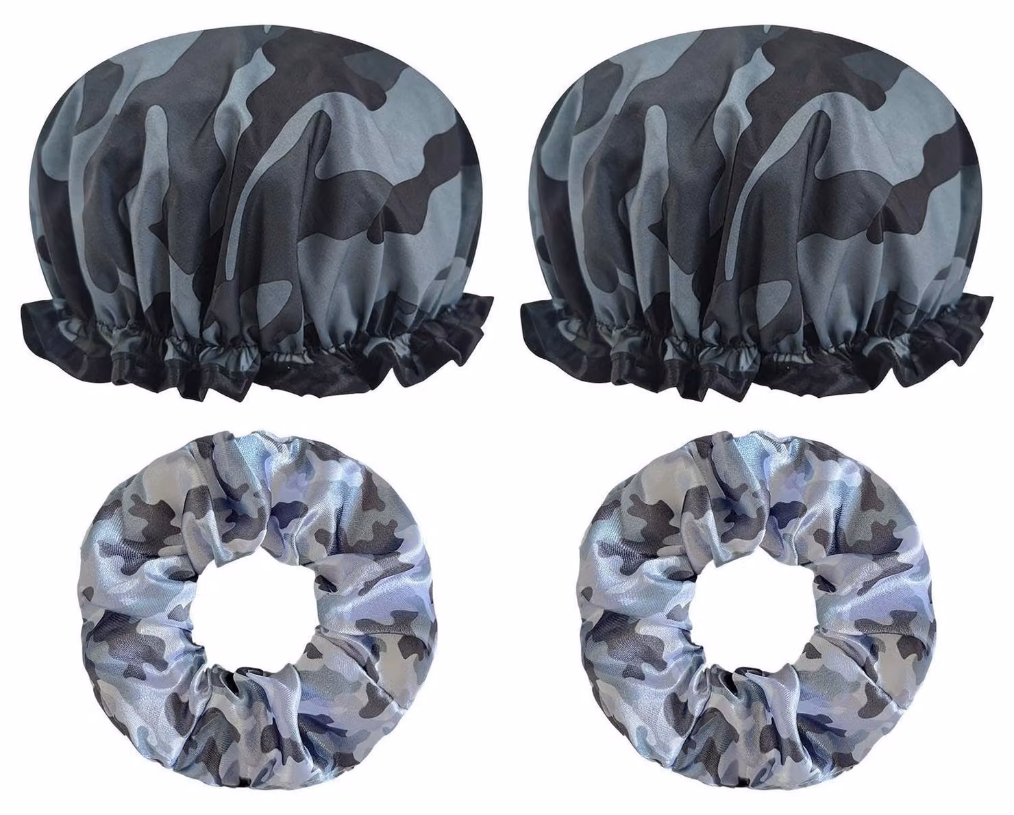 Copricapo da doccia camouflage, confezione da 2 pezzi, con 2 elastici per capelli, impermeabile, riutilizzabile, per la cura dei capelli