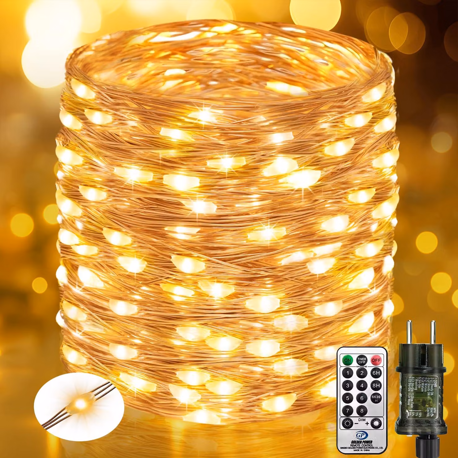 Catena luminosa da 100 metri, con 1000 LED, luce bianco caldo, telecomando e timer