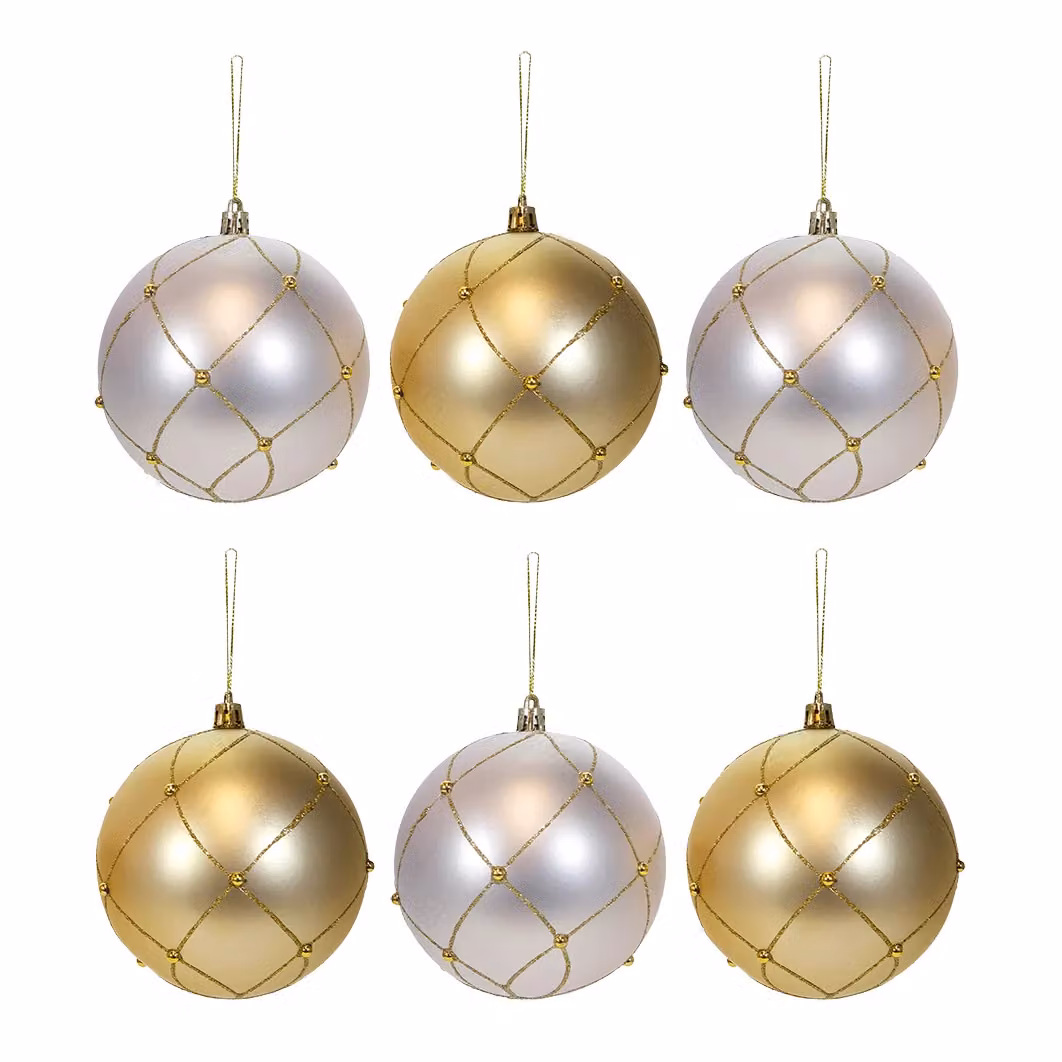 Set di 6 palline di Natale VESTIAMO CASA oro e bianco, decorazioni infrangibili con design geometrico, diametro: 8 cm – 2