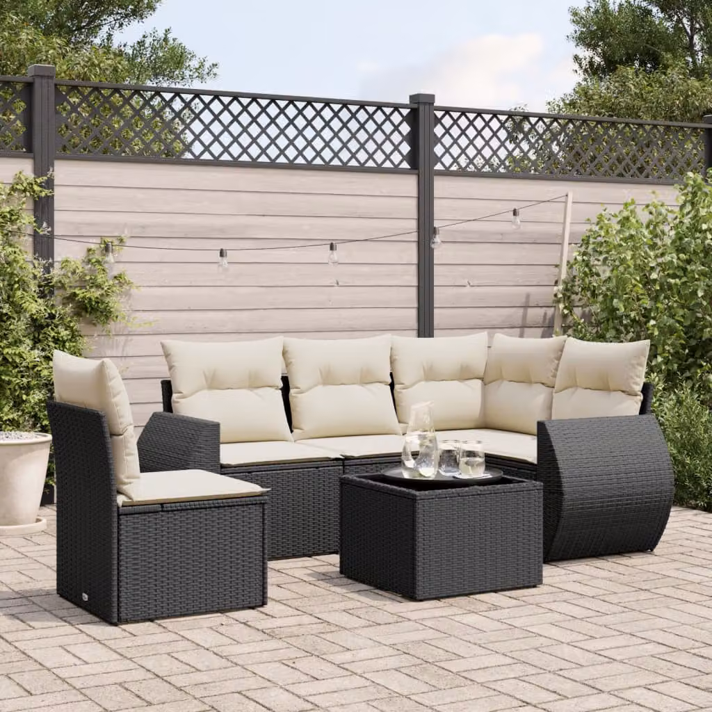Set Divano da Giardino a L vidaXL 6 pz con Cuscini e Tavolino Nero in Polyrattan e Acciaio – 1