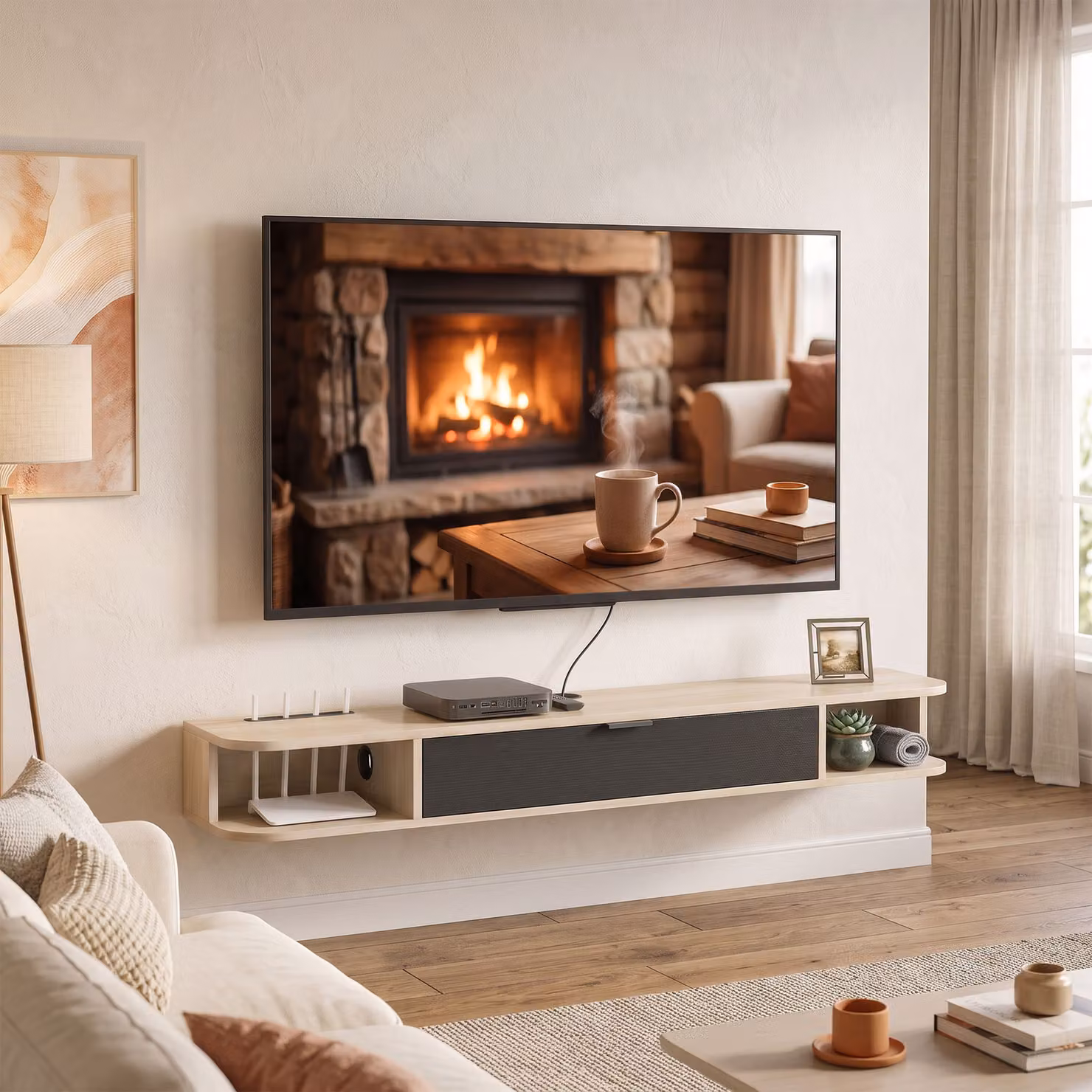 Mobile TV sospeso HOMCOM in legno con cassetto e 2 ripiani per schermi fino a 60 pollici, L 140 x P 24 x H 16 cm – 2