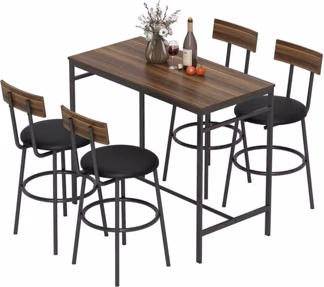 Set da bar composto da 5 pezzi con tavolo e 4 sedie, design industriale, per cucina e sala da pranzo, in legno e acciaio, colore marrone.