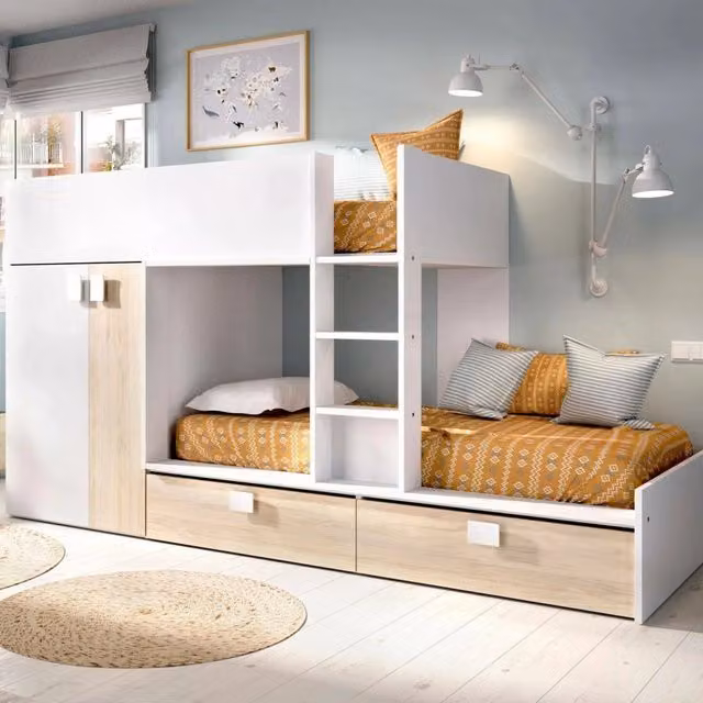 Letto a castello per bambini Acerola DMORA con armadio e cassetti, composizione cameretta completa in bianco e rovere, L: 275 cm, P: 108 cm, H: 150 cm