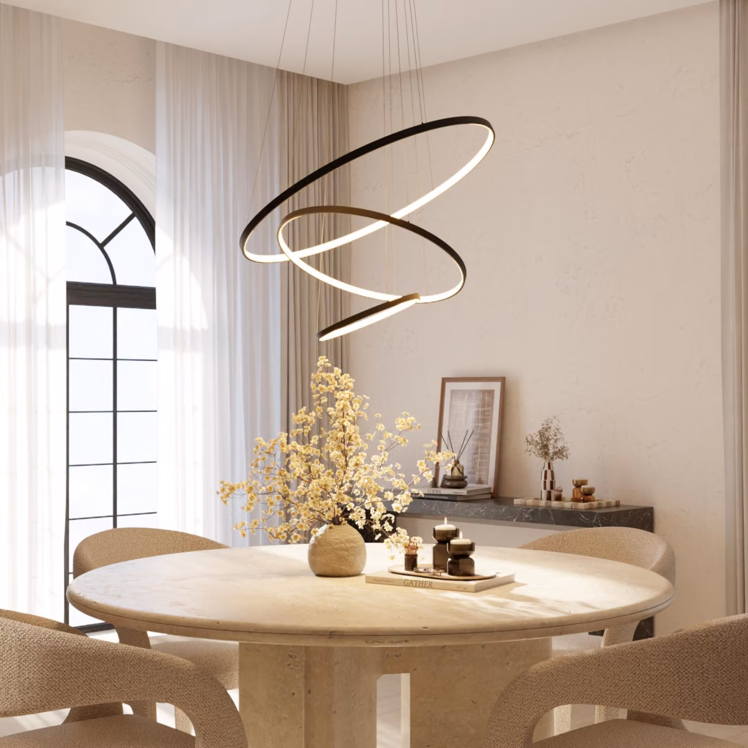LUMIÈRE Design Lampada a Sospensione 'Omeva' 3 Anelli LED dimmerabile Lampadario Nero