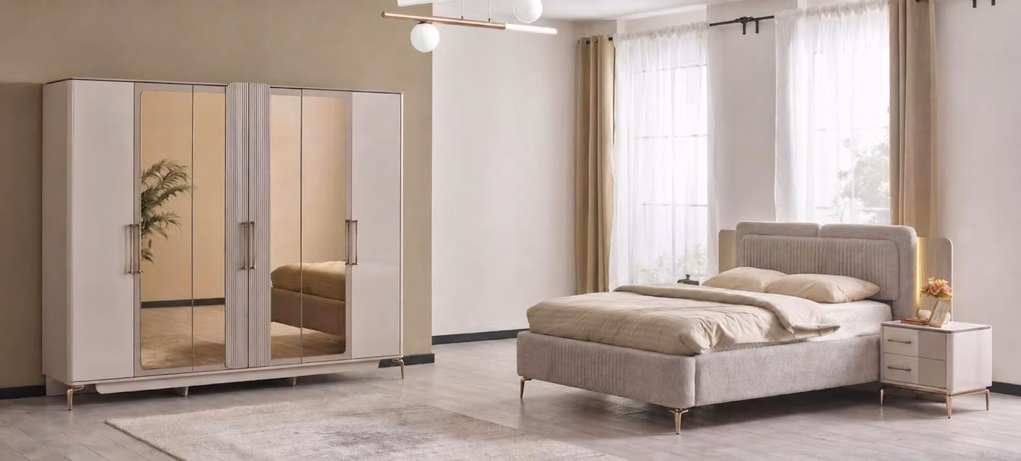 Set moderno per camera da letto, composto da letto, armadio e due comodini