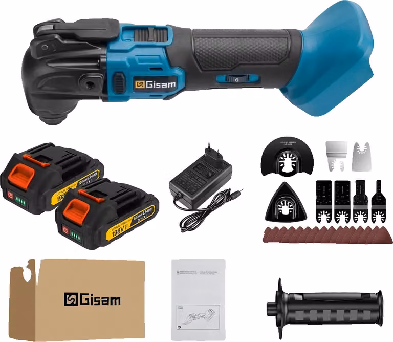 Utensile multifunzione oscillante, potenza di uscita 740 W, 6 livelli di vibrazione, set di 2 batterie