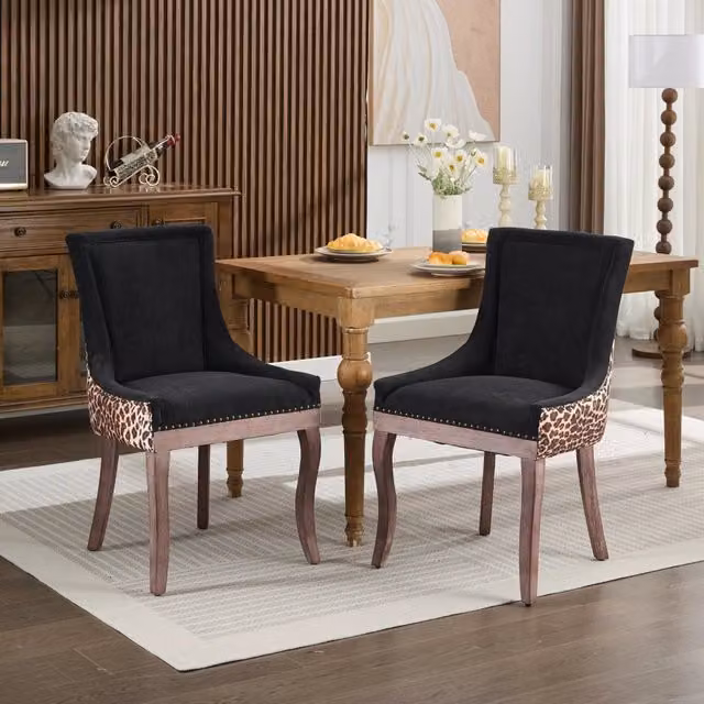Sedia da sala da pranzo OKWISH con schienale alto in ciniglia leopardato e gambe in legno massiccio, multicolore nero