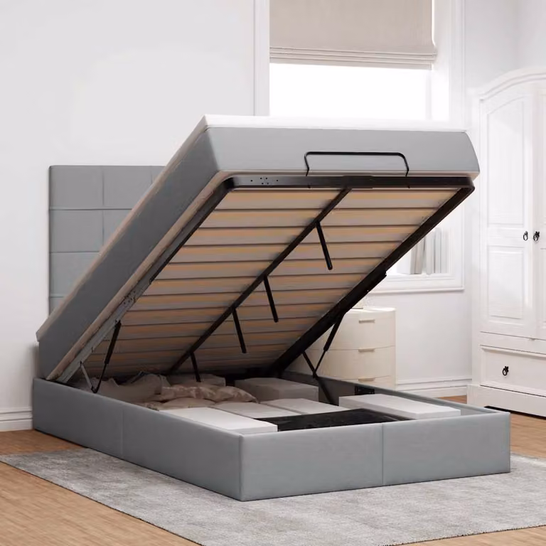 Letto con contenitore a sollevamento e materasso vidaXL in tessuto grigio e bianco, L: 120 cm, P: 200 cm, H: 203 cm