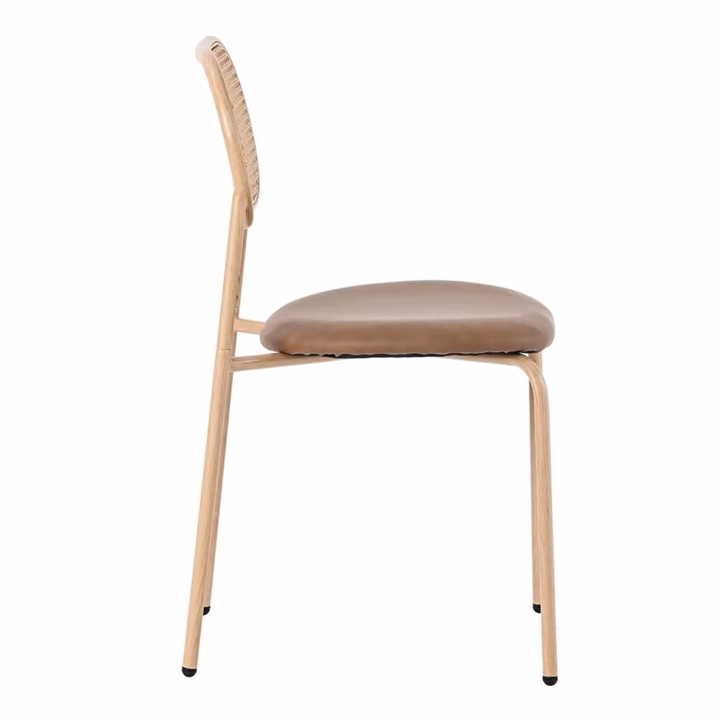 Set di 4 sedie da pranzo MIVRAY con schienale ovale in rattan naturale, seduta in ecopelle marrone e gambe in metallo