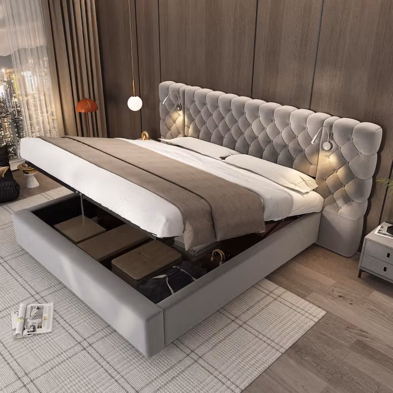 Letto imbottito idraulico Flieks 180x200cm con luce di lettura, letto a molle con contenitore, letto matrimoniale in legno letto funzionale, velluto, grigio