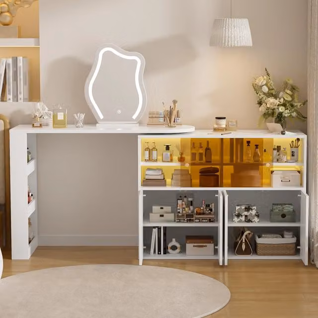 Tavolo da toeletta girevole con LED; ampio spazio multistrato; utilizzabile anche come scrivania; Bianco; 177×40×131;5cm