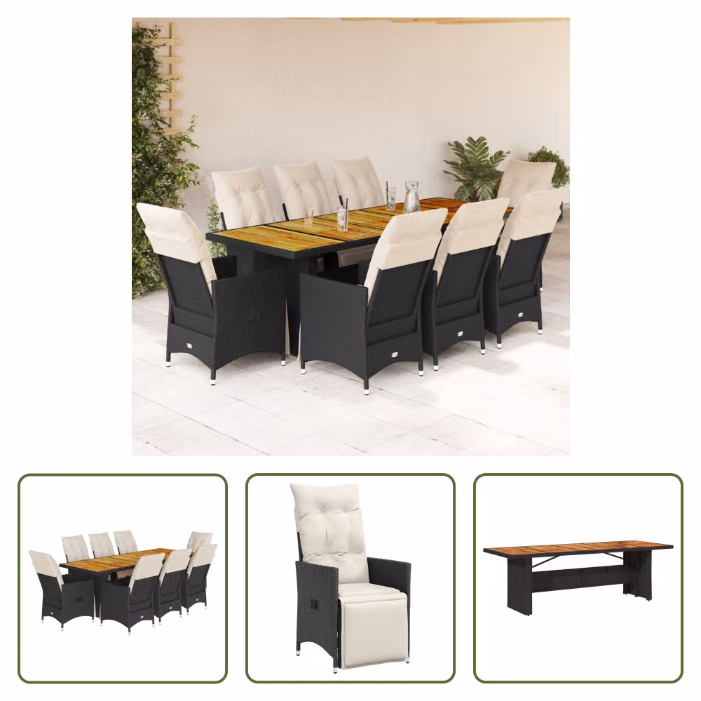 The Living Store Set bistrot da giardino da 9 pezzi con cuscini in poly rattan nero