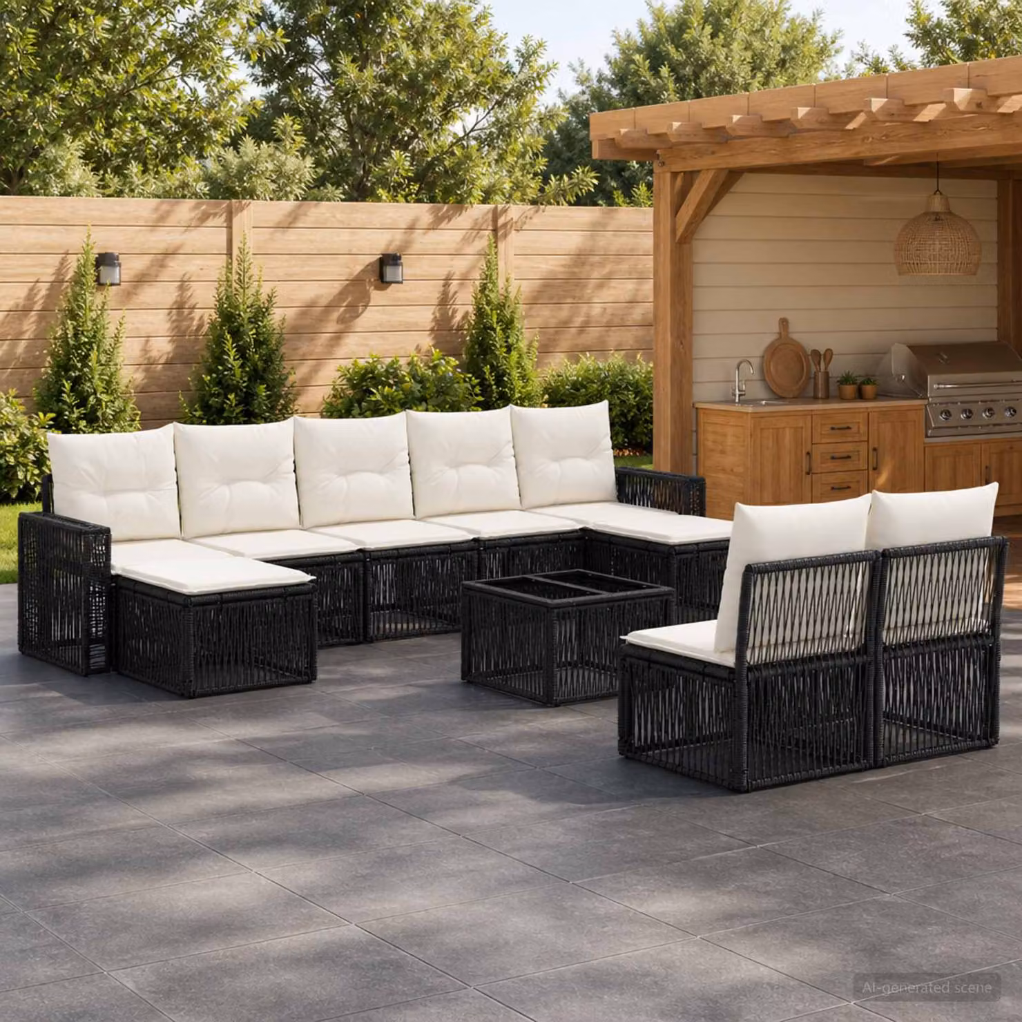 Set Divano da Giardino vidaXL 10 pz in Polyrattan Nero e Bianco Crema con Cuscini e Tavolino da Esterno