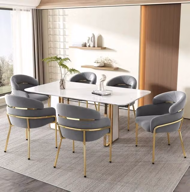 Set di 6 sedie da pranzo in velluto grigio con gambe in metallo
