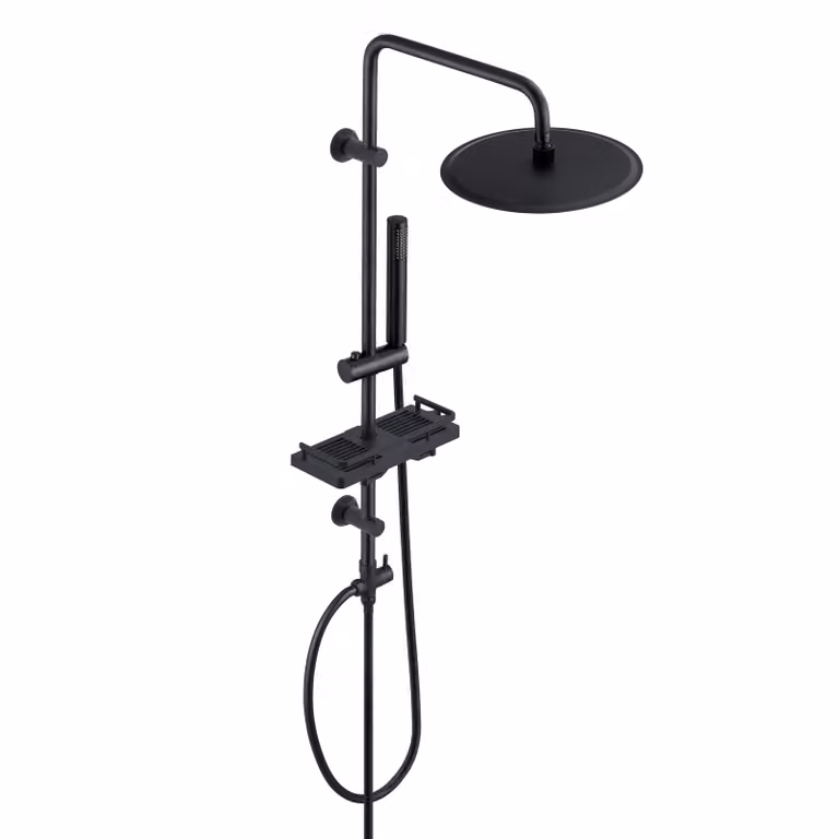 JOHO Sistema doccia a pioggia con mensola, set doccia in acciaio inox senza rubinetto con soffione XL rotondo D25cm nero