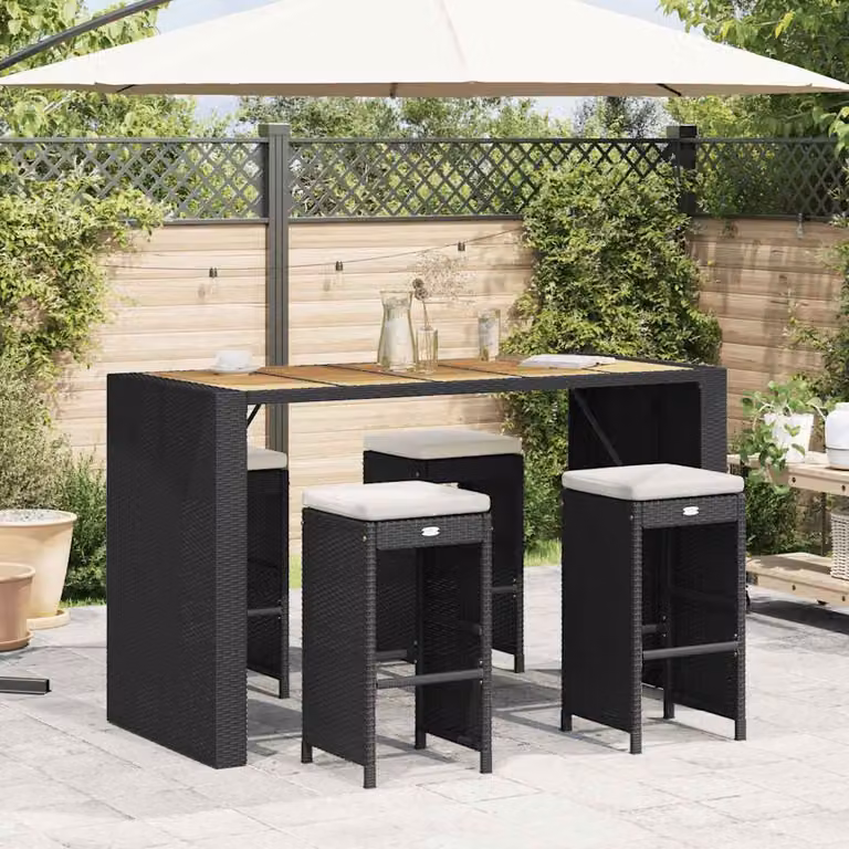 Set di 4 sgabelli da bar vidaXL con cuscini in polyrattan e metallo neri per giardino