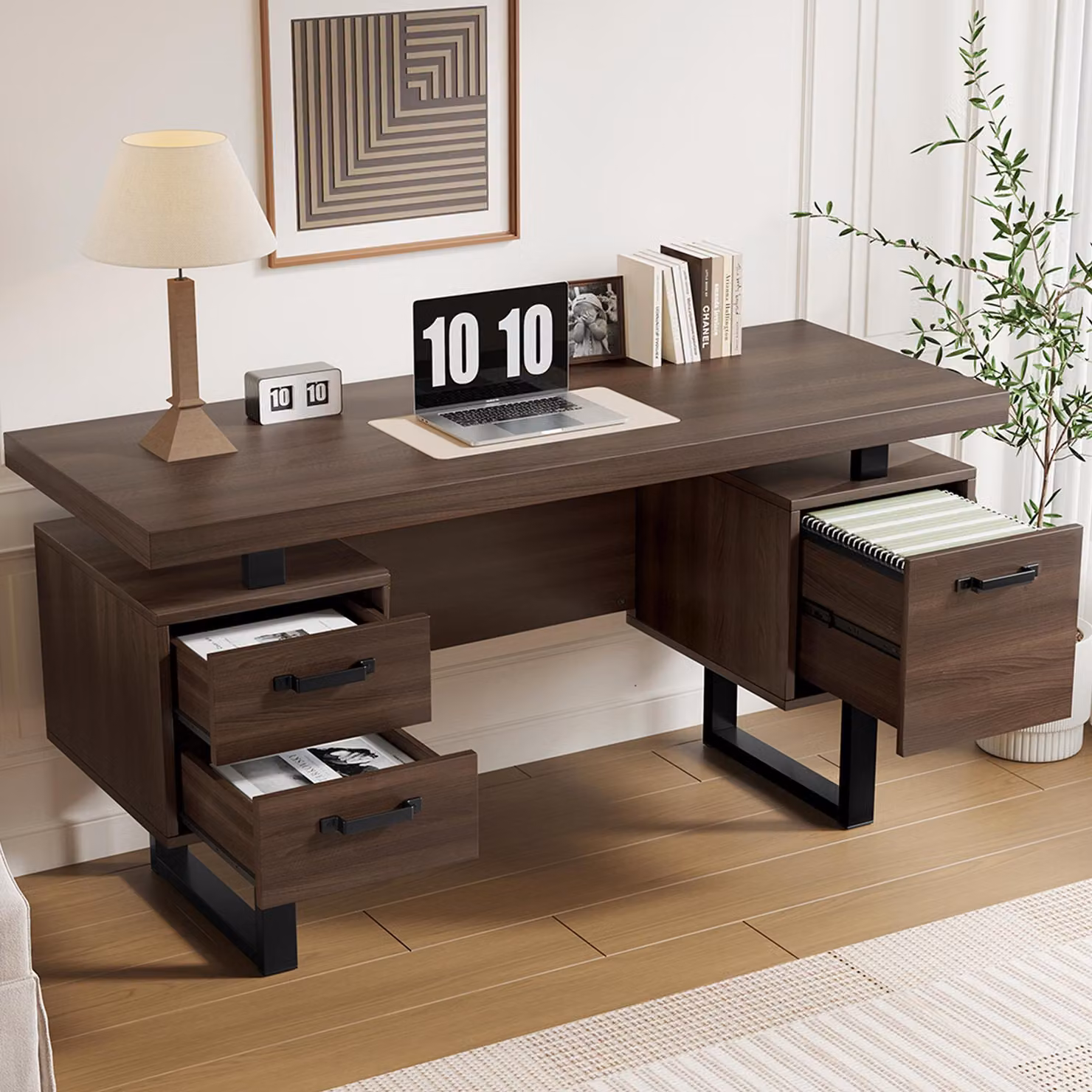 STILVORA Scrivania da ufficio 135x54 cm con cassetto silenzioso, scrivania spaziosa, cassetto portadocumenti, resistente agli schizzi, marrone